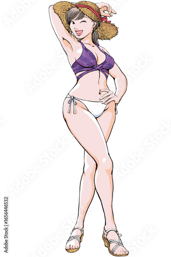 セクシーなポーズを決める水着姿の若い女性_全身麦わらサンダル.eps