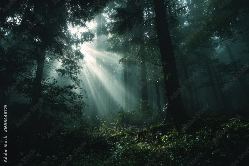 Sunlight Streams Through Misty Forest Trees Creating Serene Natural Atmosphere and Captivating Light Rays in Nature Sunlight Streams Through Misty Forest Trees Creating Serene Natural Atmosphere and Captivating Light Rays in Nature