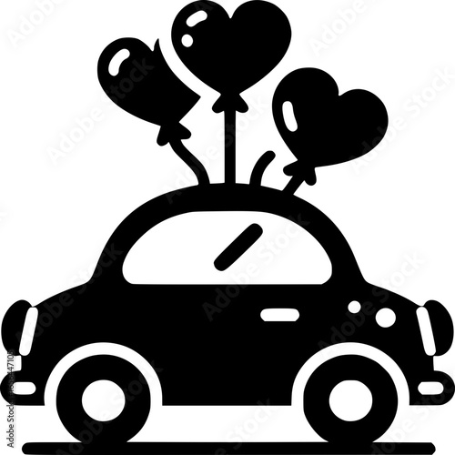 Love Ride: A sleek, monochrome illustration presents a charming car adorned with heart-shaped balloons, ideal for conveying affection. 