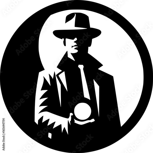 Mystery Man in Shadow: A captivating silhouette of a man, cloaked in intrigue, stands poised within a symbolic circle. The hat and trench coat suggest a classic tale of covert operations and mystique.