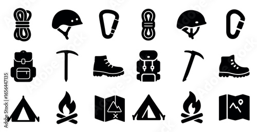 Camping and hiking silhouette icons set – outdoor, adventure, travel essentials