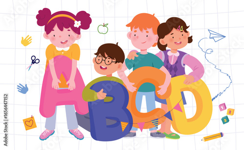 Group of different children with alphabet letters school illustration vector background.