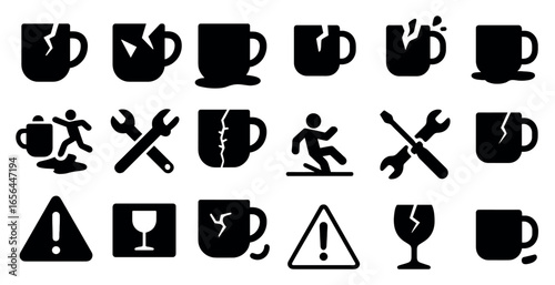 Caution and damage solid icons set – filled, broken, warning and repair symbols