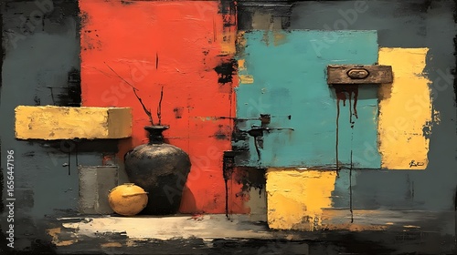 the image showcases an artistic composition featuring a still life against a backdrop of vibrant, geometric shapes