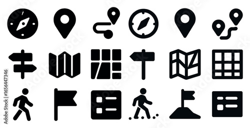 Navigation and map silhouette icons set – route, destination, travel symbols