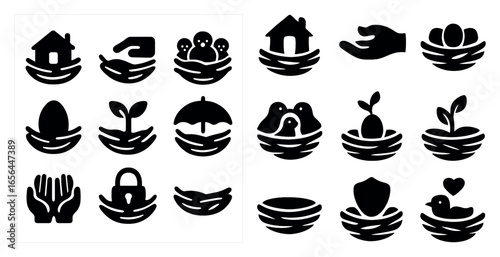 Home and family silhouette icons set – solid, filled, community and protection symbols