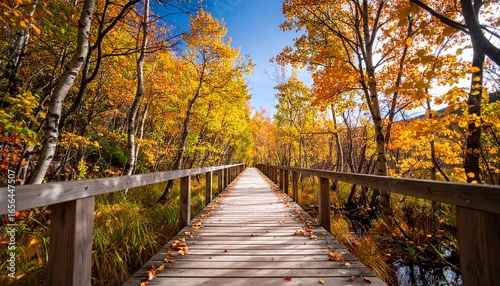 Scenic wooden bridge among golden autumn trees under blue sky.