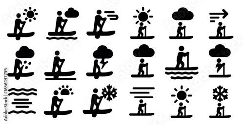 Surfing and water sports silhouette icons set – solid, filled, activity symbols