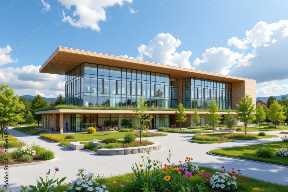 Fototapeta premium visual of a modern green hospital with renewable materials energy efficient design and natural ventilation illustrating sustainable construction practices reducing pollution conserving resources and s