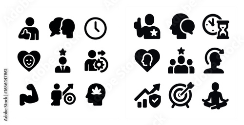 Business and motivation solid icons set – silhouette, filled, success symbols