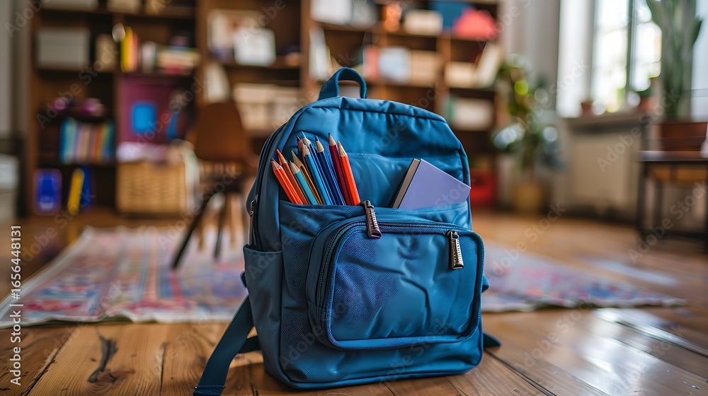 Obraz premium Blue school bag with essential supplies