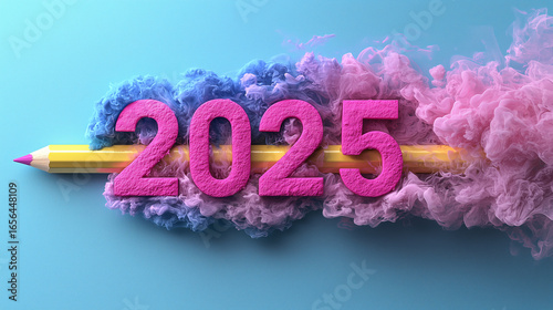 Creative design for the year 2025 featuring pastel smoke and pencil