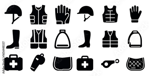 Equestrian solid icons set - silhouette horse riding safety and protection symbols