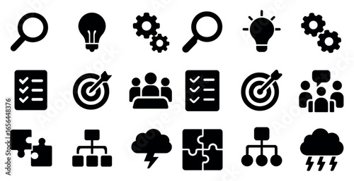 Business and management solid icons set – silhouette, filled, strategy symbols