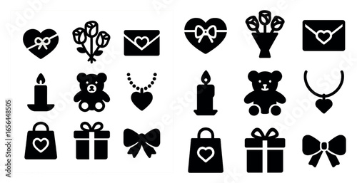 Romance and gift silhouette icons set – love, heart, celebration symbols