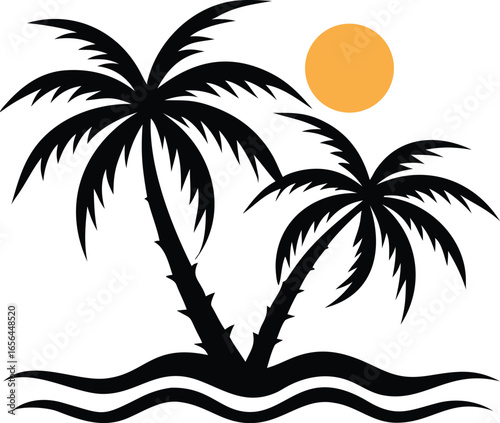 Silhouette of two palm trees on a beach with a sun and waves
