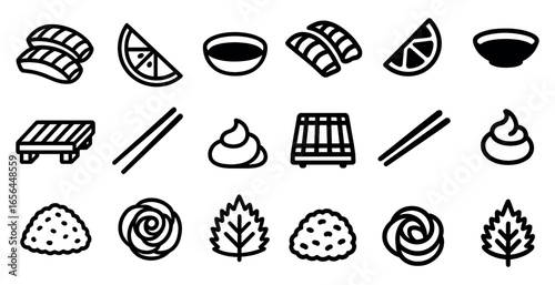 Japanese cuisine outline icons set – sushi, chopsticks, food symbols