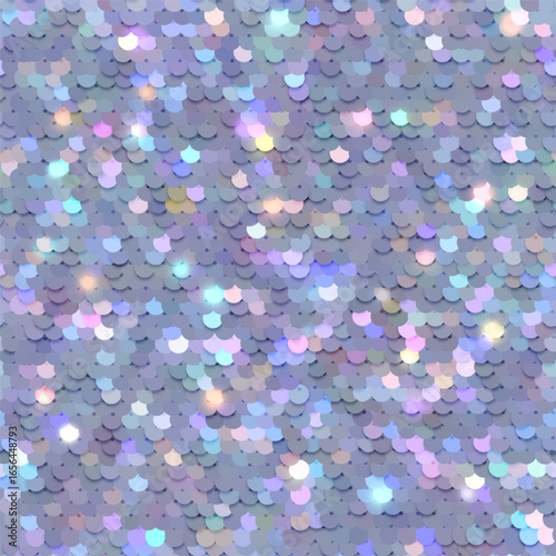 Seamless iridescent sequins glitter texture. Fabric with paillettes closeup. Seamless vector realistic background of shiny material with holographic effect.