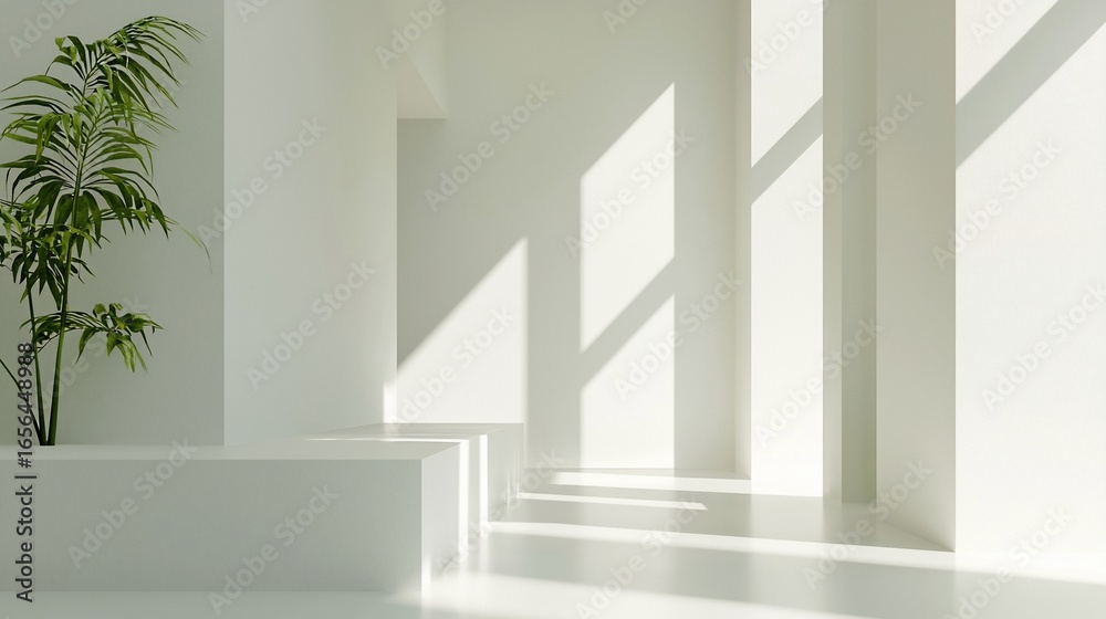 Fototapeta premium Minimalist interior with geometric shapes, bright sunlight and a green potted plant