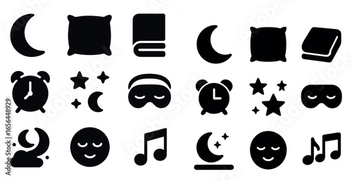 Sleep and relaxation solid icons set – filled, bedtime, dream symbols
