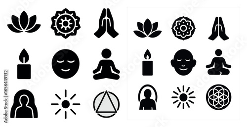 Mindfulness and meditation icons set – silhouette, yoga, peaceful symbols