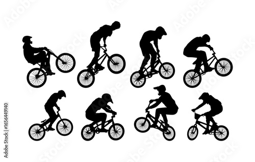 vector set silhouette of cyclists bmx in action
