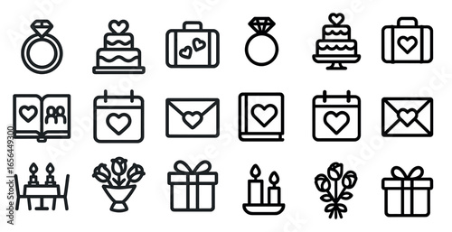 Wedding and romance line icons set – outline, love, marriage symbols