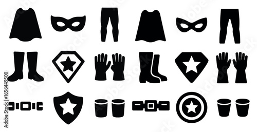 Superhero costume silhouette icons set – cartoon, hero, adventure graphics