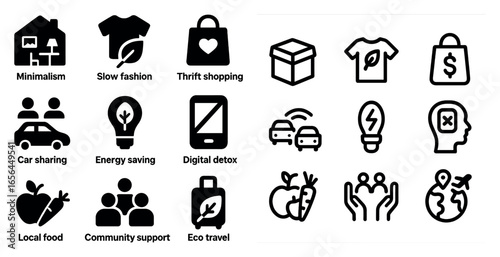 Sustainable living icons set – solid, eco-friendly, minimalistic lifestyle symbols