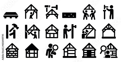 Construction and building solid icons set – filled, black, architecture and house symbols