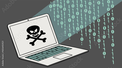 Laptop with Skull and Crossbones Display Cyber Security Threat Illustration.