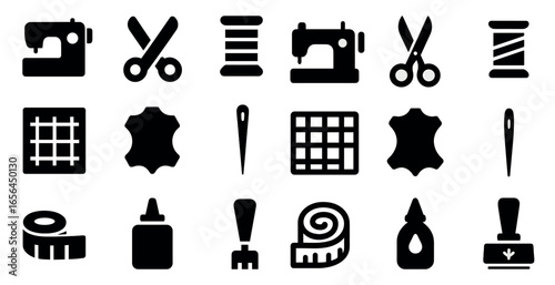 Sewing and tailoring solid icons set – crafting, pattern, design elements