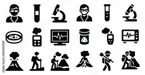 Science and nature filled icons set – biology, research, exploration symbols