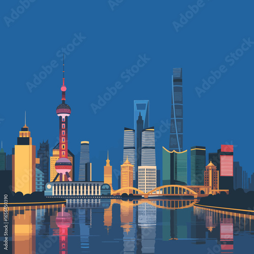 Modern nighttime cityscape with illuminated buildings