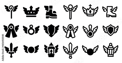 Fantasy-themed silhouette icons set – winged, medieval, ornamented magic symbols