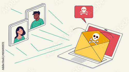 Malicious Email Phishing Scam Warning Skull and Crossbones on Envelope.