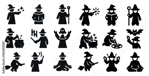 Wizard and magic solid icons set – silhouette, filled, mystical and fantasy symbols