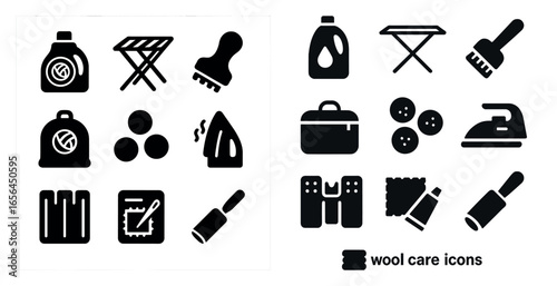 Laundry and wool care silhouette icons set – solid, filled, clothing maintenance symbols