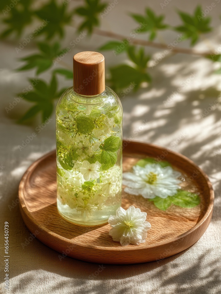 Elegant glass bottle filled with floating green leaves and white flowers on a round wooden tray in natural light Elegant glass bottle filled with floating green leaves and white flowers on a round wooden tray in natural light