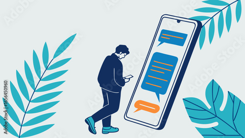 Man Texting on Phone with Chat Bubbles and Leaves Illustration.