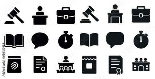 Legal and justice solid icons set – filled, court, law enforcement symbols