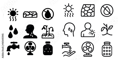 Climate change outline icons set – linear, filled, global warming and sustainability symbols