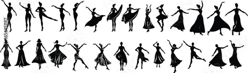 Silhouettes of dancers in various poses and attire