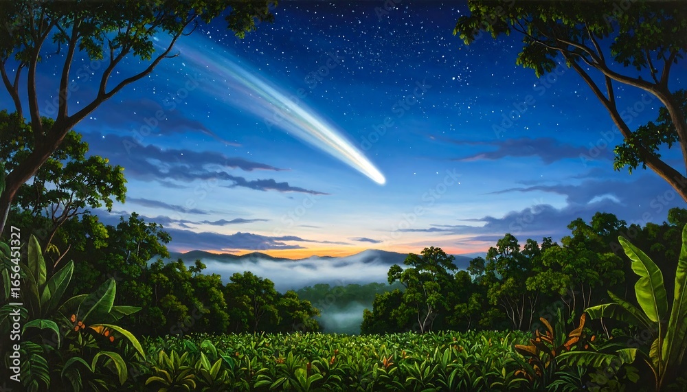 Obraz premium Lush jungle vista at dawn with comet