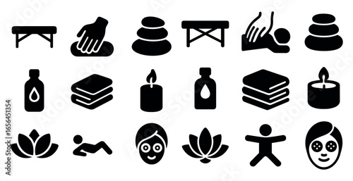 Relaxation and spa solid icons set – silhouette, massage therapy, wellness symbols