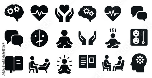 Mental health solid icons set – wellness, therapy, psychological symbols