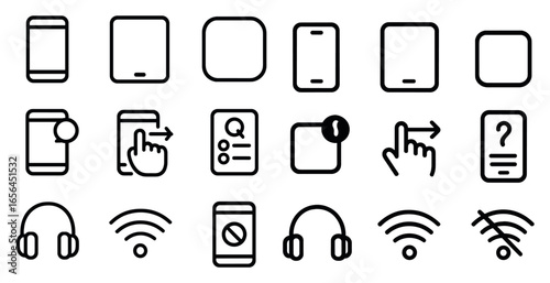 Mobile app outline icons set – ui, ux, smartphone and touchscreen elements