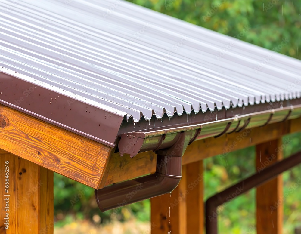 Closeup of brown metal roof and gutter Closeup of brown metal roof and gutter