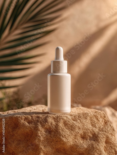 Minimalist White Dropper Bottle on Natural Stone Surface with Sunlight Shadows and Tropical Palm Leaf in Warm Desert Background