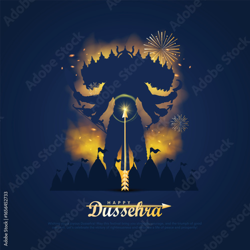 Happy Dussehra festival of India poster design with arrow. Lord Rama killing Ravana. Creative vector illustration.